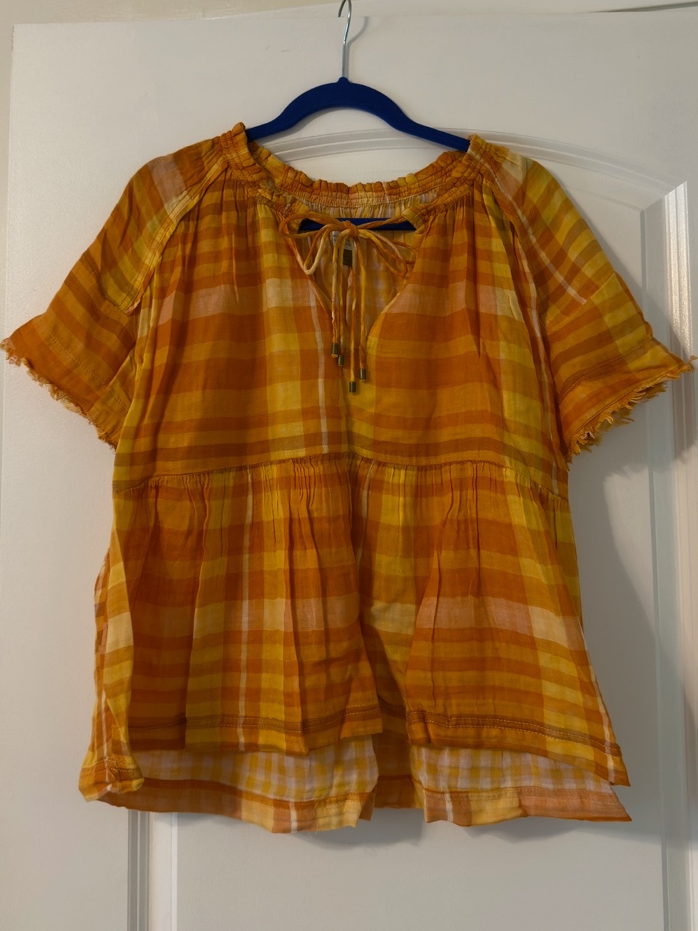 Anthropology Plaid Top Lightweight Tie-Neck Blouse